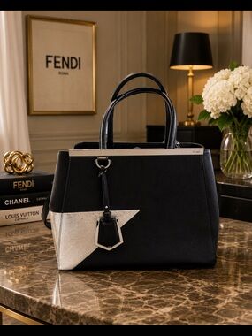 Fendi Black and Silver 2 Jours  Leather Satchel with Geometric Accent